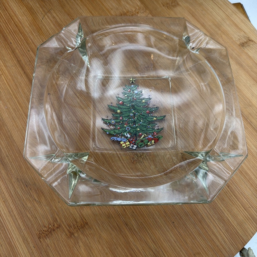Vintage Cuthbertson Christmas Tree Glass Square Ashtray Trinket Dish